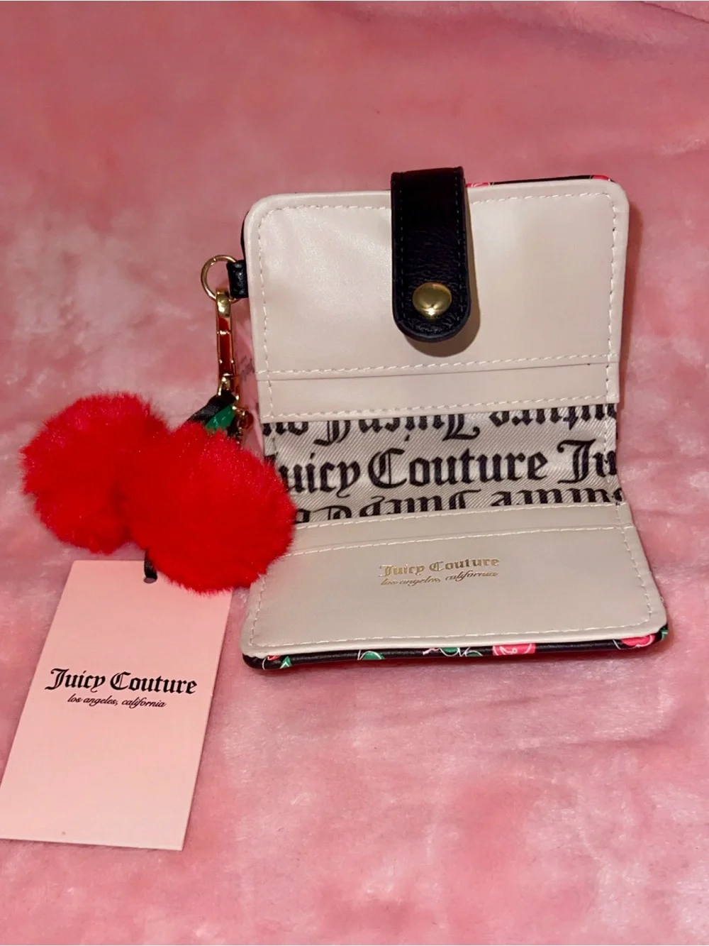 Juicy Couture Black with Red Cherry Print Cardholder with Red Cherry Pom Charm